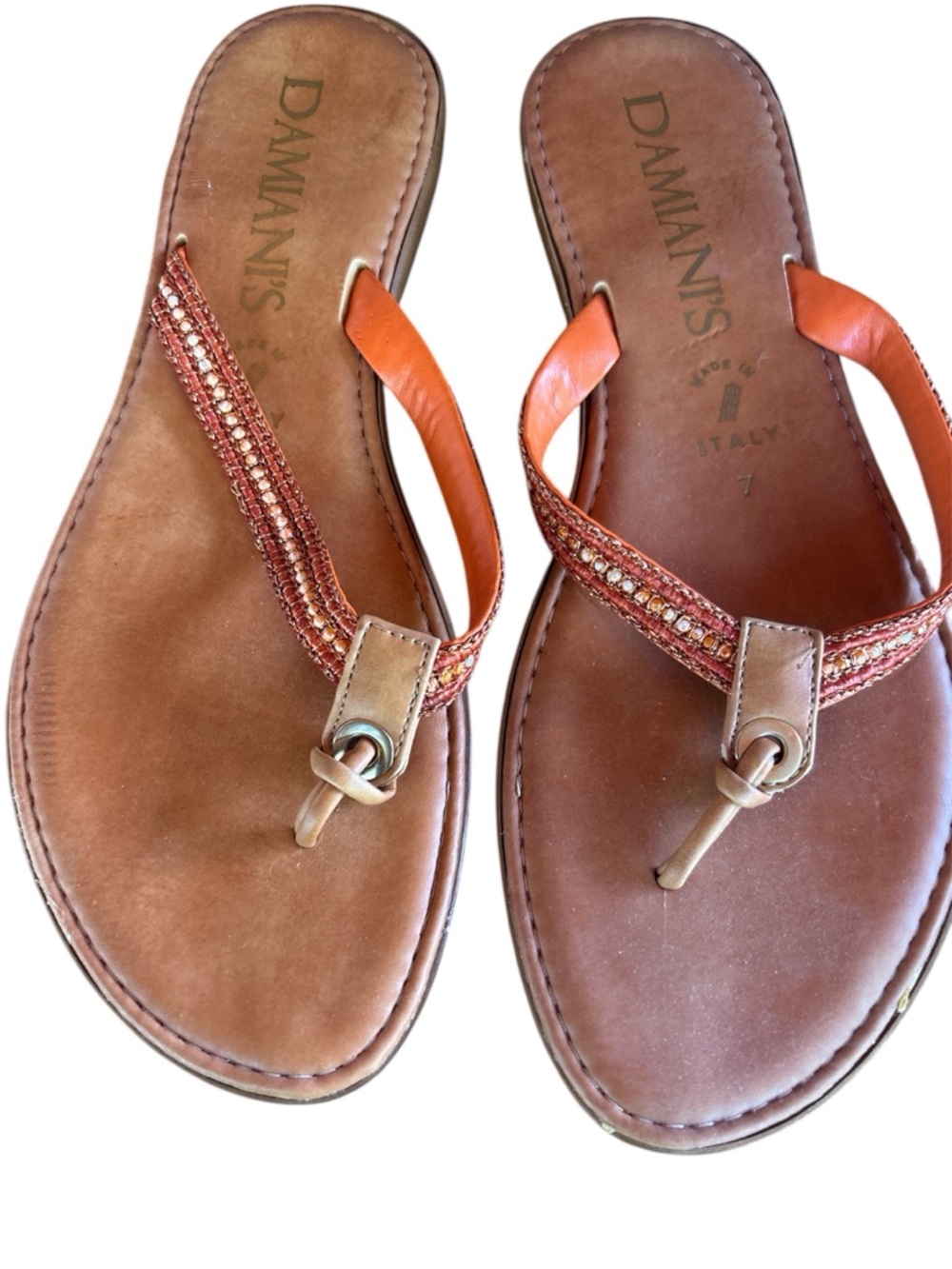 Orange Beaded Leather Thong Sandals